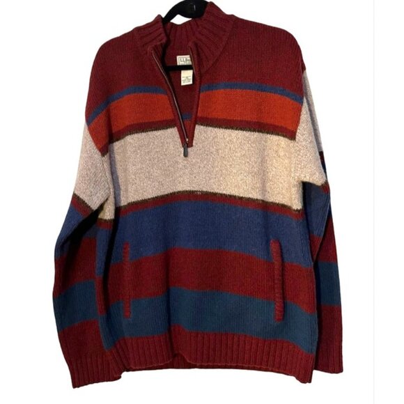 VTG L.L. Bean Men Y2K Lambswool Stripe Zip Crew Neck Sweater L Gorpcore Heritage - Picture 1 of 11